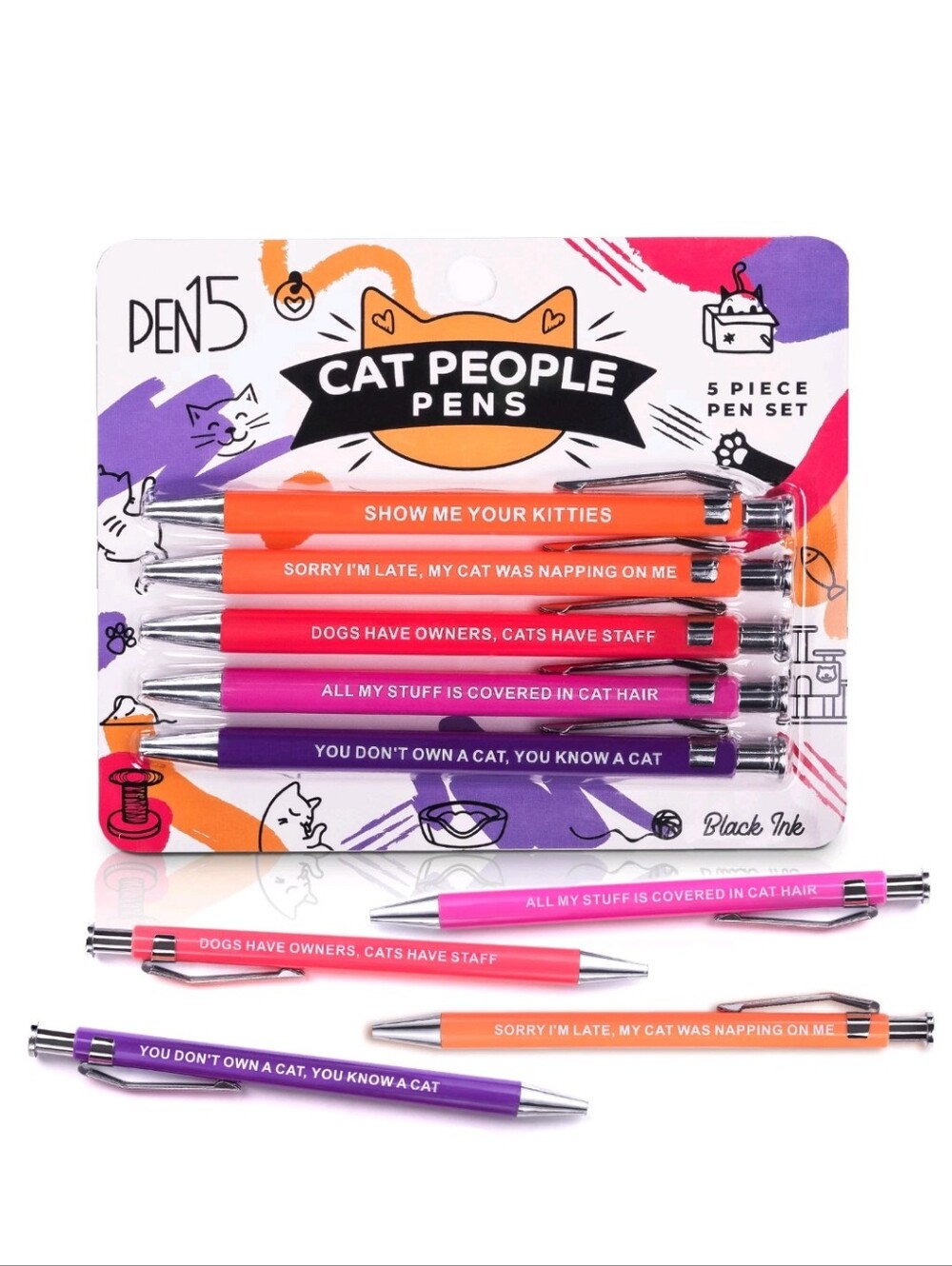 Funny Cat People Pens - Snarky Gift for Pet Owners & Cat Lovers | Ballpoint Set